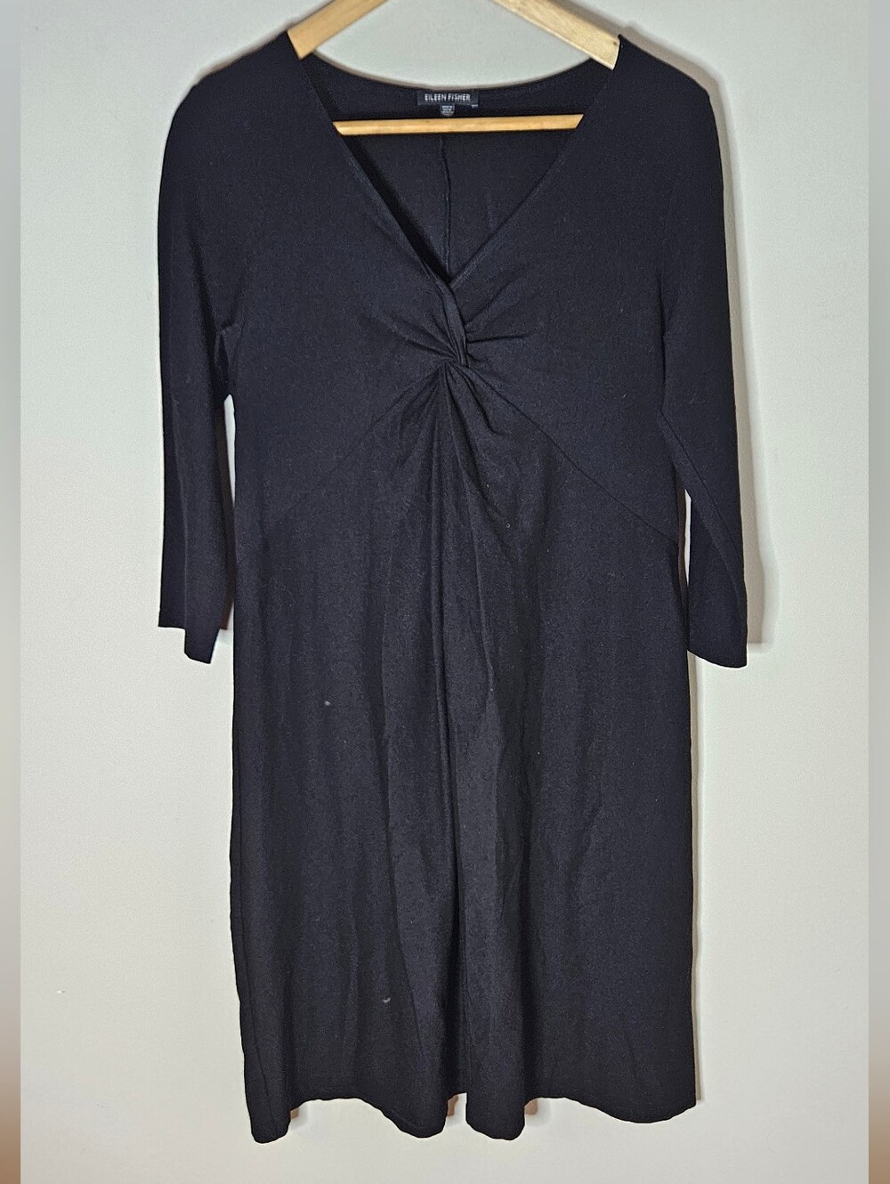 Eileen Fisher Black Midi Dress Front Twist Knot 3/4 Sleeves Crepe Nylon Blend S